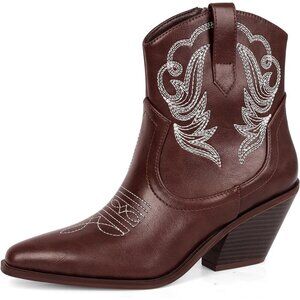 Women's Polyurethane Brown Pu Embroidered Round Toe Short Ankle Chunky Heel Boot
